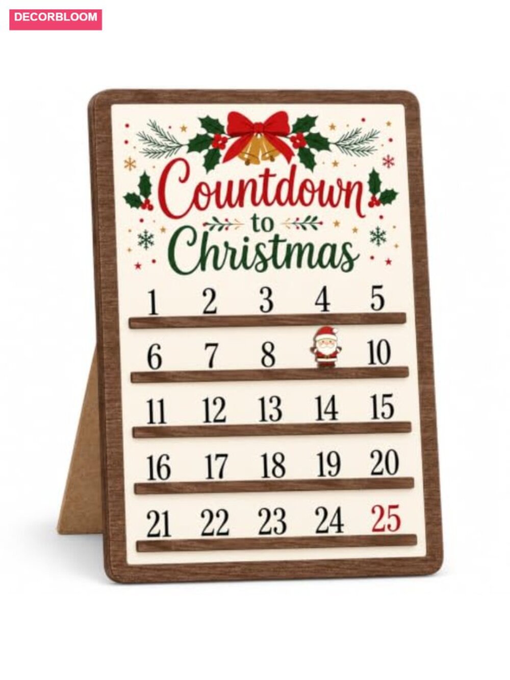 Wooden Advent Calendar 25-Day Christmas Countdown Sign with Stand